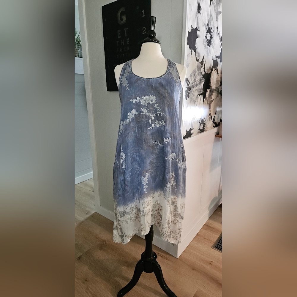 Dolma Womens Boho Dress M/L Blue Gold Floral Boho Pockets Pure Cotton Linen